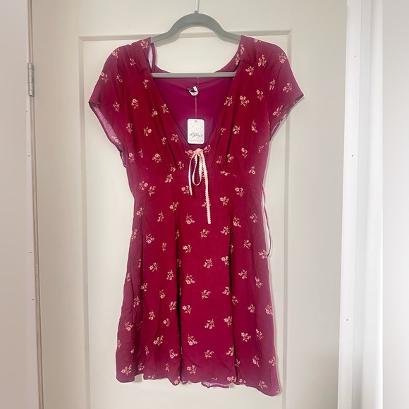 Free People Tie-Detail Mini Tea Dress in Raspberry - Size S - Picture 5 of 7